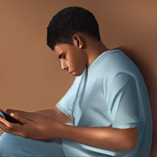 Image similar to a male teenager praying for a divine smartphone in front of him, digital art