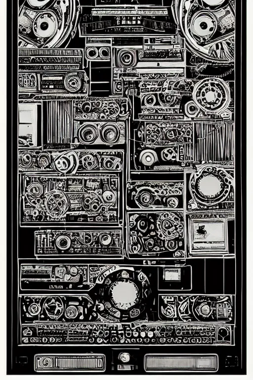 Prompt: infographic about an old tape machine robot by Dan Mumford , stanley donwood, fred tomaselli