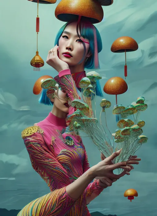 Image similar to pretty chinese model with futuristic mushroom : : by martine johanna and simon stalenhag and chie yoshii and casey weldon and wlop : : ornate, dynamic, particulate, rich colors, intricate, elegant, highly detailed, vogue, harper's bazaar art, fashion magazine, smooth, sharp focus, 8 k, octane render,