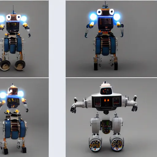 Prompt: a front view, side view and back view of the same robot, the robot has no legs and hovers