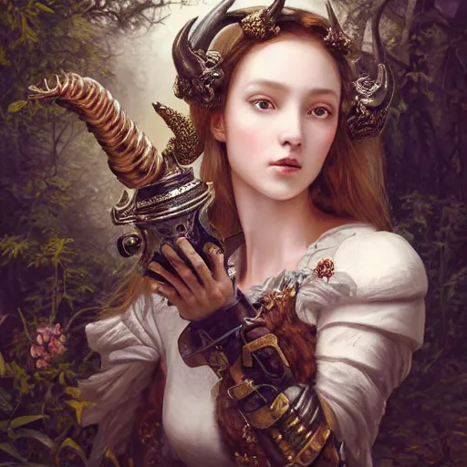 Image similar to A masterpiece ultrarealistic ultradetailed portrait of a Incredibly beautiful angel princess with Royal Tevton Knight Skull Full Iron Closed Helmet with Big Iron Bull Horns . baroque renaissance girl in the night forest. medium shot, intricate, elegant, highly detailed. trending on artstation, digital art, by Stanley Artgerm Lau, WLOP, Rossdraws, James Jean, Andrei Riabovitchev, Marc Simonetti, Yoshitaka Amano. background by James Jean and Gustav Klimt, light by Julie Bell, 4k, porcelain skin.