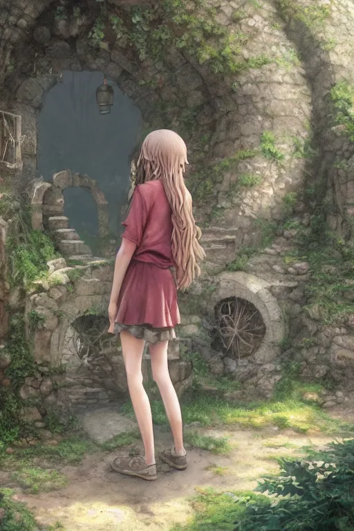 Image similar to a highly detailed matte painting of a teenager with shaggy hair and hip clothes standing in front of a stone gate in the elven forest ruins, by studio ghibli, by artgerm, by wlop, by greg rutkowski, red tones, volumetric lighting, octane render, 4 k resolution, trending on artstation, masterpiece