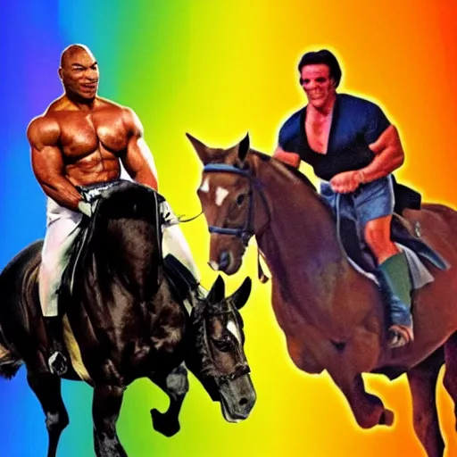 Image similar to mike tyson and arnold schwarzenegger riding a horse in front of a rainbow