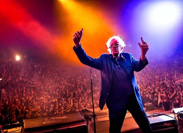 Image similar to publicity photo still of bernie sanders in a death metal band playing live on stage, 8 k, live concert lighting, mid shot