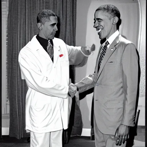 Prompt: 35mm photograph of Dr Manhattan shaking hands with Obama