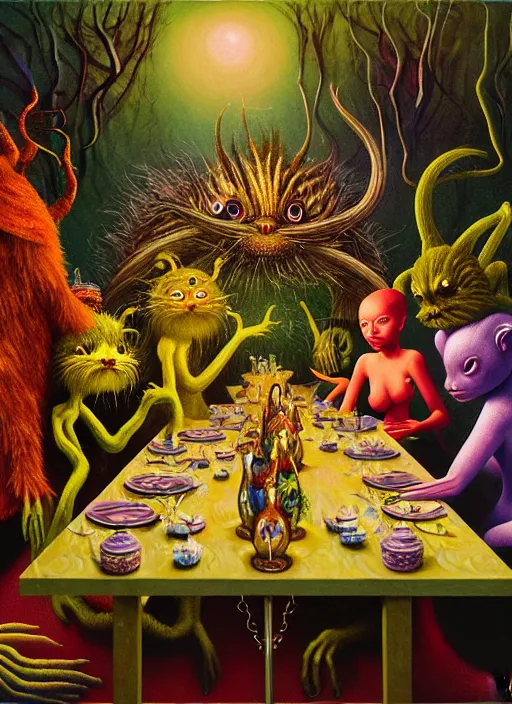 Prompt: hyper detailed 3d render, Oil painting, a decadent fairy dinner party - where the wild things are by Jacek Yerka, Mariusz Lewandowski, Houdini algorithmic generative render, Abstract brush strokes, Masterpiece, Edward Hopper and James Gilleard, Zdzislaw Beksinski, Mark Ryden, Wolfgang Lettl, hints of Yayoi Kasuma, octane render, 8k