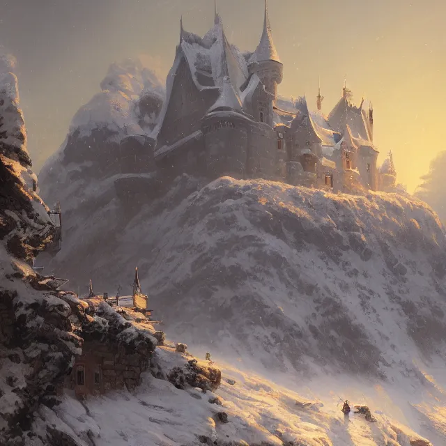 Prompt: a painting of a castle in the middle of a snowy mountain, a detailed matte painting by andreas rocha and greg rutkowski, golden hour, featured on artstation, fantasy art, matte drawing, matte painting, artstation hq