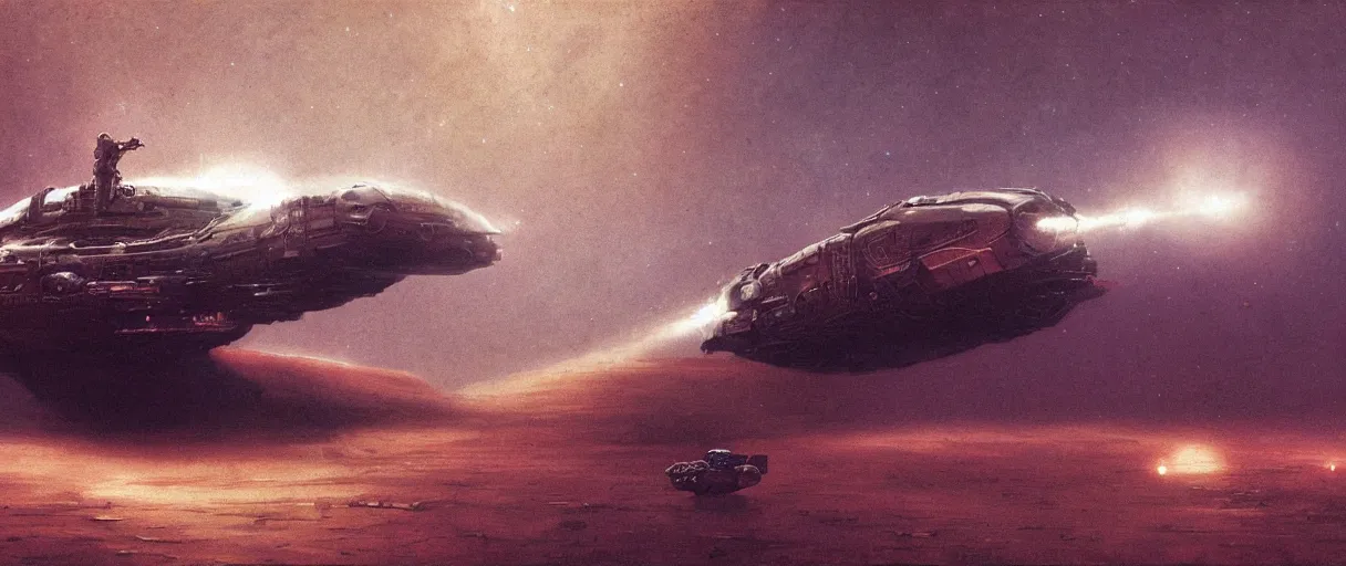 Image similar to illustration, small industrial design spaceship drifting in space, rugged and used look, immensity, wide angle, cinematic lighting, 4k, widescreen ratio, by beksinski