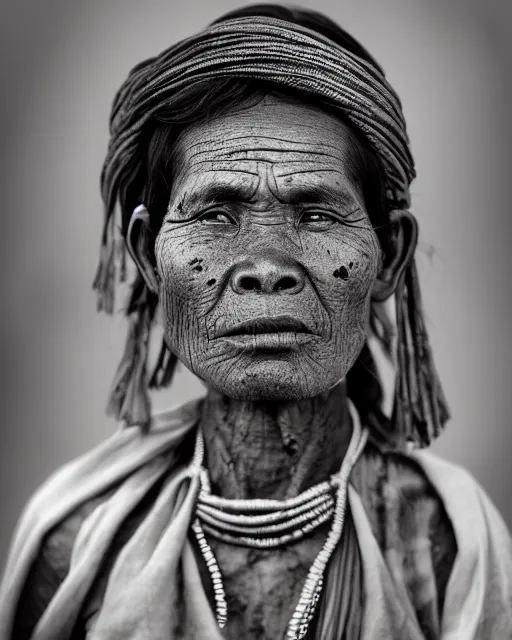 Image similar to Award winning Portrait photo of a Native Myanmarese with hyper-detailed hair and beautiful eyes wearing traditional garb by Lee Jeffries, 85mm ND 5, perfect lighting, gelatin silver process