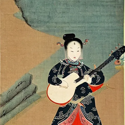 Image similar to the Chinese ancient painting of a lady playing rock guitar in Tang Dynasty , by Han Xizai