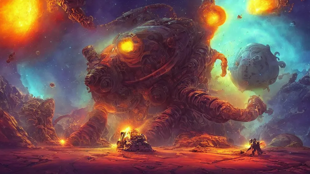 Prompt: Astronauts have a treasure with them, they are shooting big plasma cannons against the giant Cthulhu that is hunting them, they are over the ring of the gas planet, this is an extravagant planet with wacky wildlife and some mythical animals, the background is full of nebulas and planets, the ambient is vivid and colorful with a terrifying atmosphere, by Jordan Grimmer digital art, trending on Artstation,