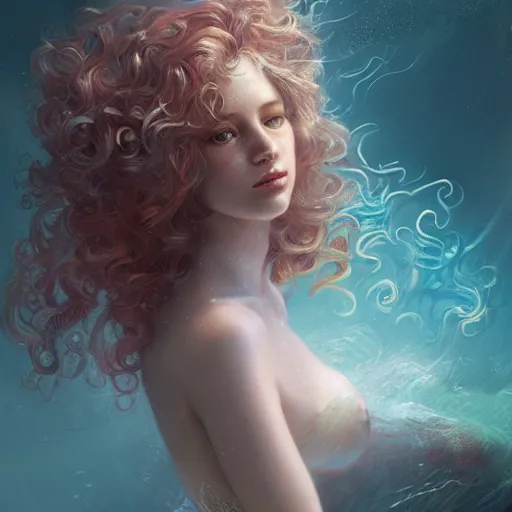 Image similar to beautiful mermaid with curly hair, magical details, magical atmosphere, cinematic lighting, hyper - detailed, cgsociety, 8 k, high resolution, in the style of charlie bowater, tom bagshaw, alexis franklin, elena masci, pawel rebisz