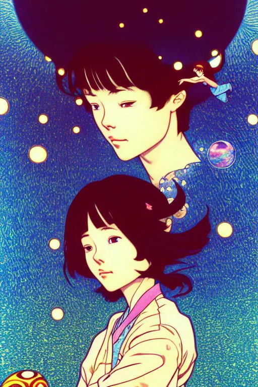 Image similar to a lonely girl floating in a spacestation, akihito yoshida, gustav klimt, yuya nagai, Ilya Kuvshinov, murata range, jean giraud, makoto shinkai, kawaii, alphonse mucha, matte colors, high saturation, detailed, 1990s