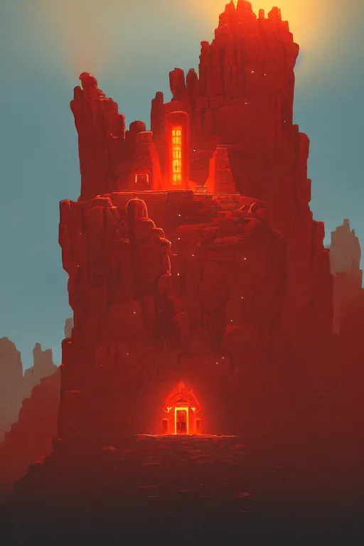 Prompt: ancient red glowing temple on a rocky cliff in a canyon, shooting stars in the black sky, dramatic lighting, artstation, matte painting, ralph mcquarrie, simon stalenhag