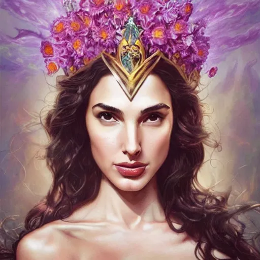 Image similar to fine art photo of the beauty goddess gal gadot, she has a crown of mesmerizing flowers, she is arriving heaven, by peter mohrbacher