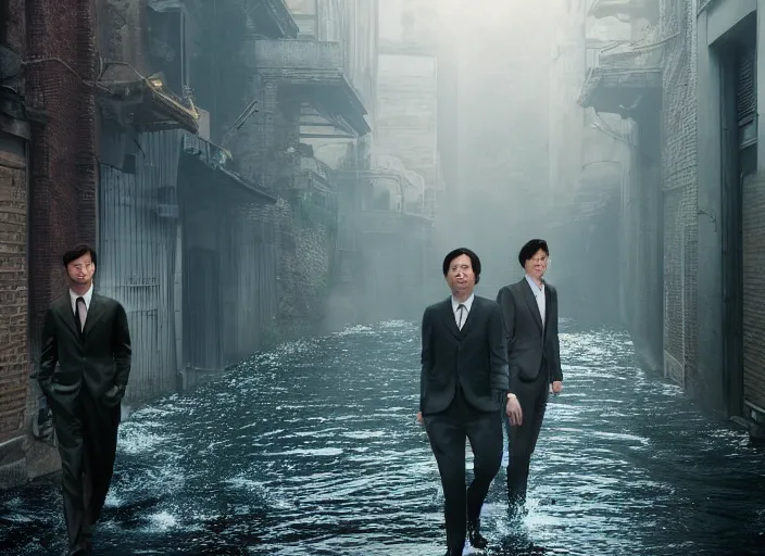 Image similar to a very high resolution image from a new movie, two deer in suits, in a narrow chinese alley, surrounded by water vapor, beatiful backgrounds, dramatic lighting, directed by wes anderson