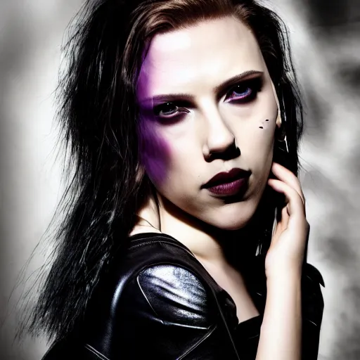 Image similar to scarlett johansson as a cyberpunk cyborg goth woman, pale skin, sensual, beautiful soft light failling on her face, studio photography, nikon 3 5 mm portrait photography, ultra realistic