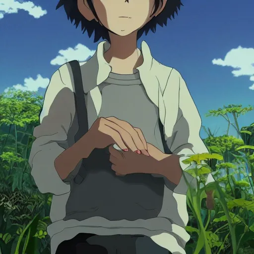 Prompt: friendly guy and small creature , with Fragile looking character portrait face made by Studio Ghibli highly detailed art, beautiful scene, sharp focus, smooth, 8k, anime art, wild, dark, fantasy, peaceful, sunshine, light