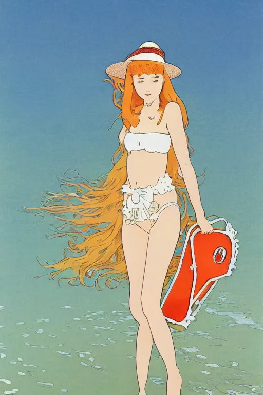 Image similar to A girl in a white lacy bikini and white sun hat and Holding a heart-shaped lifebuoy, jumping for joy,long orange hair floating on air ,Smooth visual lines,graphic Design by mucha and Waves and splashes,beach by studio ghibli