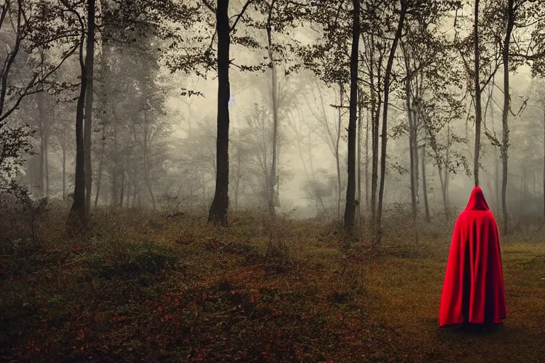 Prompt: hooded knight in a crimson cape and full plate fantasy ornamented armour meditating in a foggy forest at dusk by a river professional photography, elegant, highly detailed, sharp focus, dutch angle