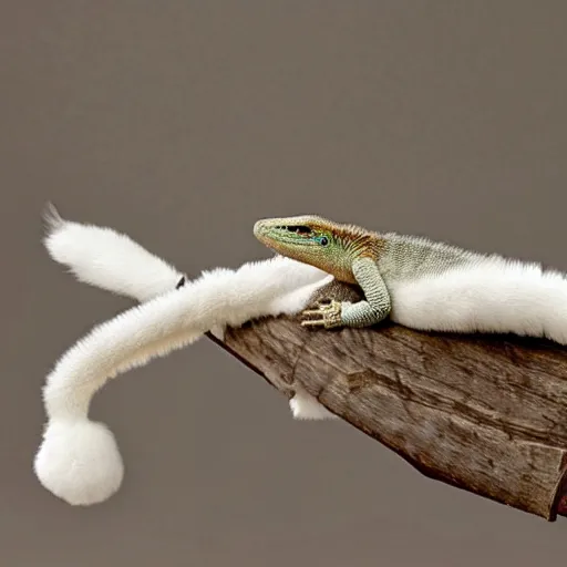 Image similar to cute lizard with long white fluffy fur, by Hayao Miyazaki