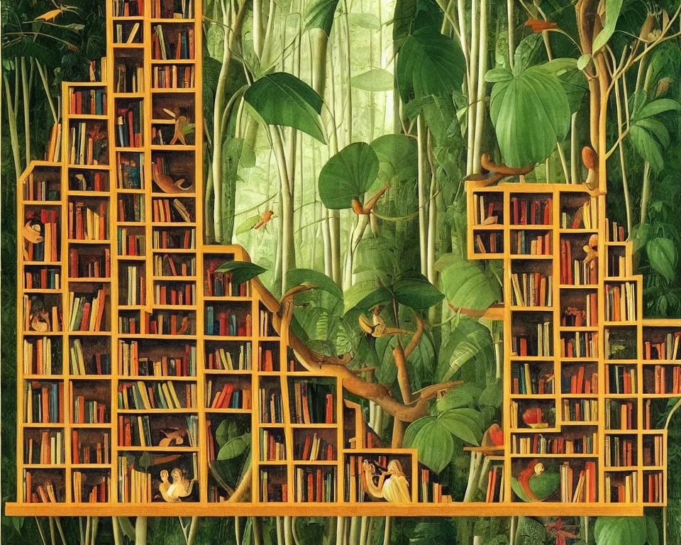 Image similar to a bookshelf in the rainforest by fra angelico. detailed, proportional, romantic, enchanting, achingly beautiful, graphic print, trending on artstation, jungle, tropical, foliage