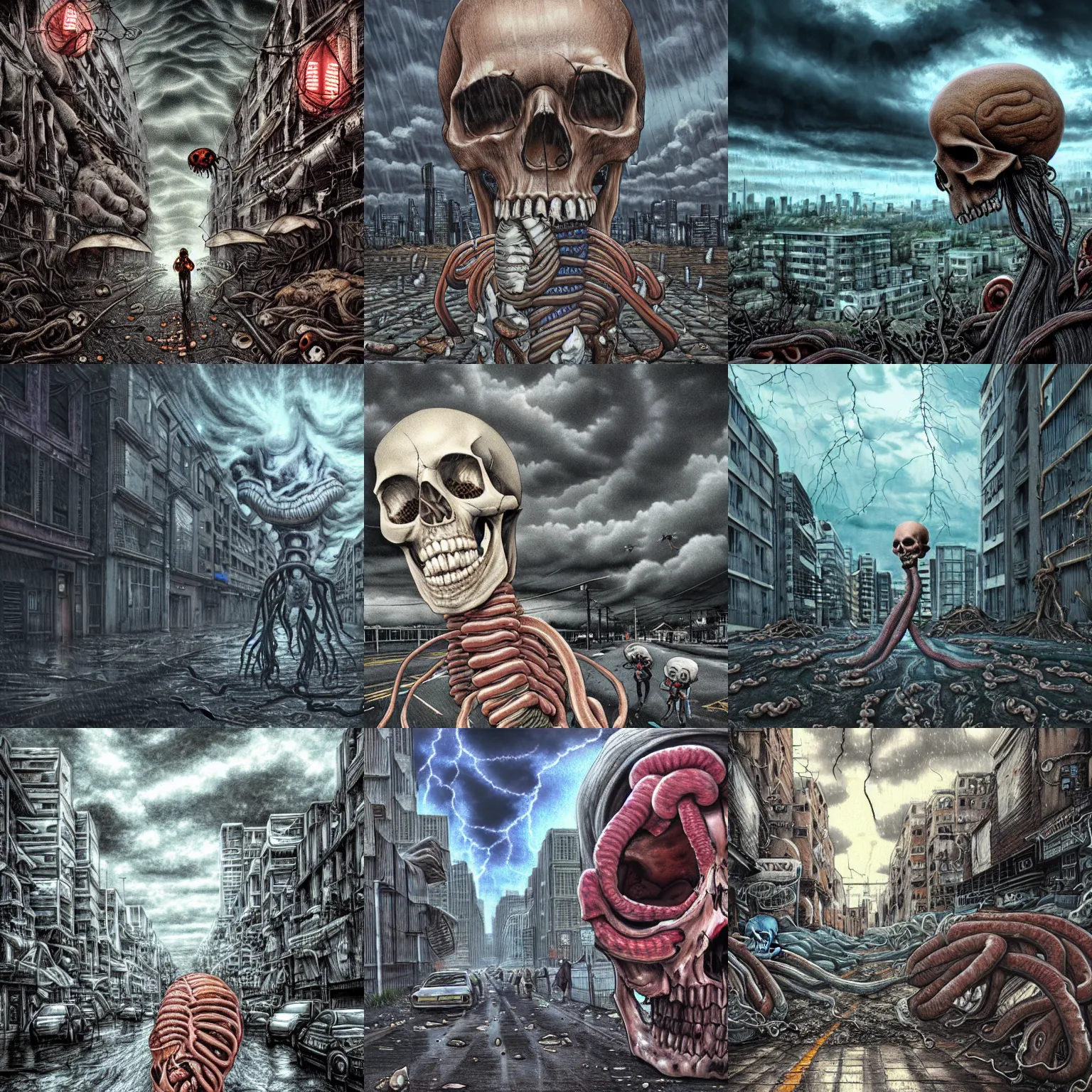 Prompt: a photorealistic giant skull wrapped in intestines, swarming with insects, in a desolate decaying city street with ominous stormclouds, heavy rain and lightning, guro art, body horror, art by Shintaro Kago, 4K, cinematic, epic lighting, UHD, HDR