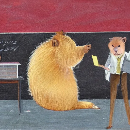 Prompt: old painting of a wisdom capybara teaching a math class at university