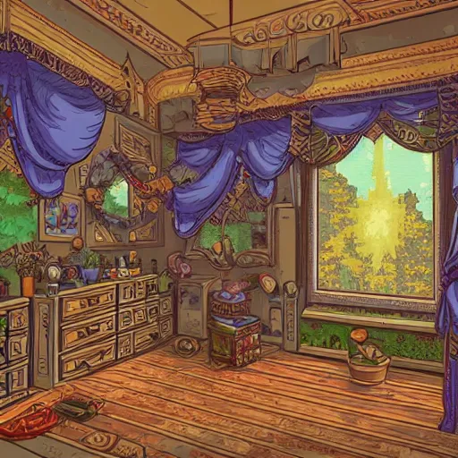 Prompt: view from corner looking into a 9 0 s bedroom, beautiful detailed pixel art, intricate details, beautiful, dithered gradients, volumetric lighting, 3 d illustration, old school computer game graphics, crpg, d & d, pixel art