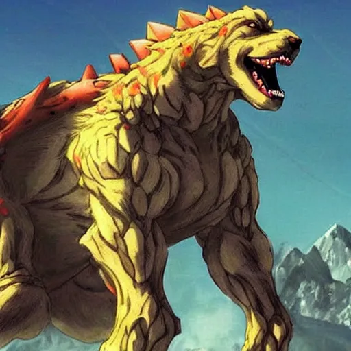 Prompt: a dog bigger than the mount everest fighting neon genesis godzilla with nunchakus