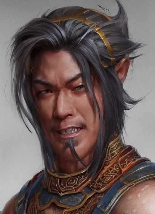 Image similar to muscly asian man middle parted hair, dndbeyond, bright, colourful, realistic, dnd character portrait, full body, pathfinder, pinterest, art by ralph horsley, dnd, rpg, lotr game design fanart by concept art, behance hd, artstation, deviantart, hdr render in unreal engine 5