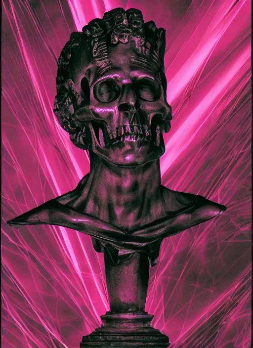 Image similar to elegant dark design poster showing a statue of julius caesar with a skull, black background with very subtle red and purple design elements, bold, powerful, nekro, vito acconci, thin straight purple lines, dark, glitch art, neo vaporwave, gritty, layout frame, square, trending on artstation