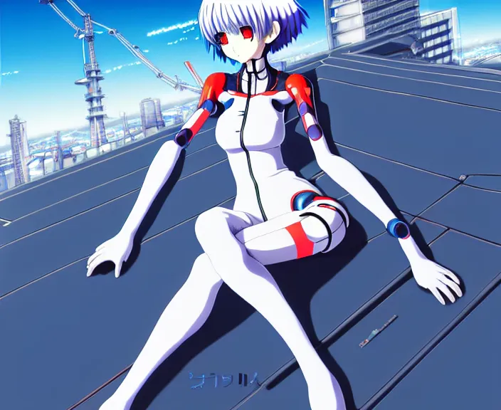 Image similar to anime art, fullbody shot of female rei ayanami, evangelion, long blue hair and large eyes, finely detailed perfect face, in a pale skintight plugsuit, sitting on rooftop, flooded city, trending on pixiv fanbox, by ilya kuvshinov, sola digital arts,, raytracing