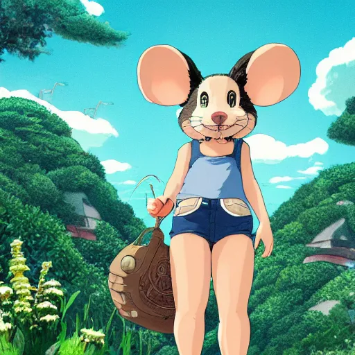 Image similar to in the style of studio ghibli, anthropomorphic mouse, female, wearing denim shorts and tank top, detailed, intricate, aesthetic, artistic, ambient occlusion, volumetric light effect, 8 k resolution