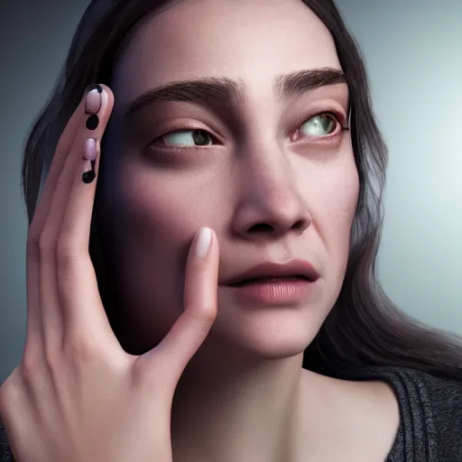 Image similar to headshot portrait of person holding hyperrealistic human eye in mouth, hyperrealistic, extreme detail, ray tracing, octane render