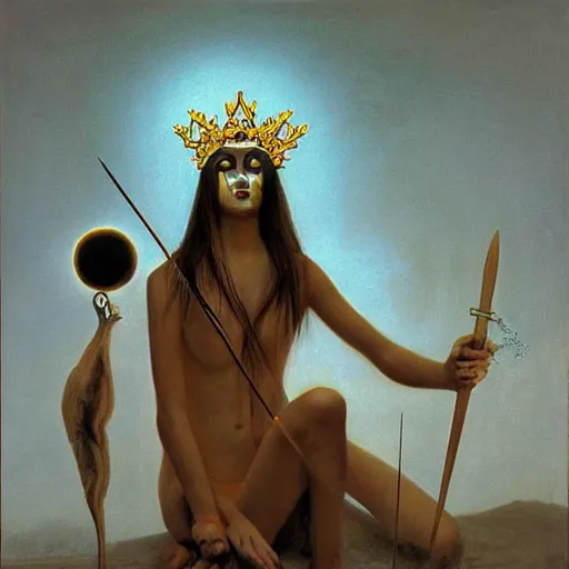 Prompt: Artemixel, the modern reincarnation of the old selenium god of hunt and moon (Selene), also known as Artemis, carrying the crown of the crescent moon. Golden bow and arrows surround her, and she is crowned by a bright and slightly bluish crescent like the brightness of the night. Portrait by Zdzislaw Beksinski, oil on canvas.