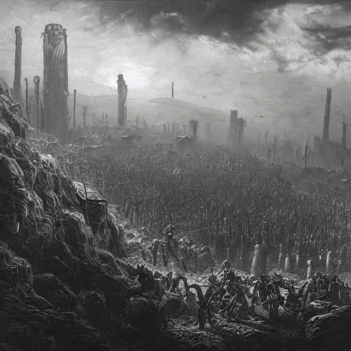 Image similar to apocalyptic landscape, fallout, soldiers, people in gasmasks, dark clouds, dark, eerie, dystopian, city, end times, illustration by Gustave Doré