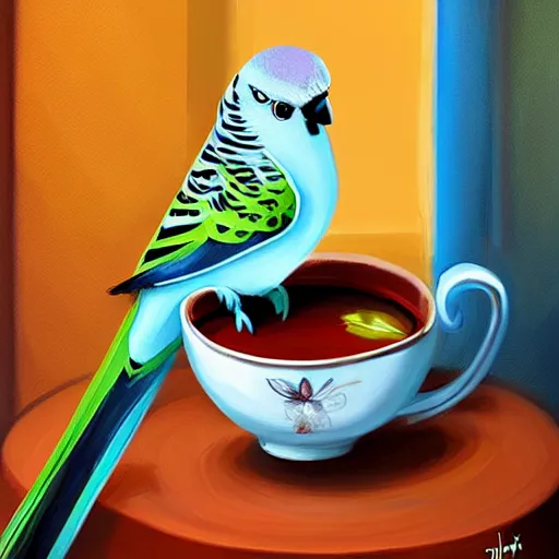 Prompt: fantasy painting of a budgie holsing a cup of tea, award winning, stylized, artstation, hd