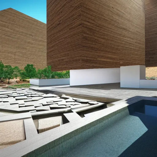 Prompt: architectural rendering of brutalism building in the desert, biophilia style, pool, garden