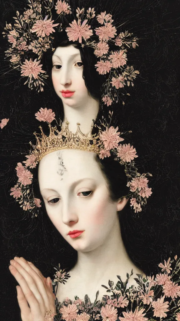 Image similar to a closeup portrait of a beautiful black haired woman with pale skin and a crown on her head sitted on an intricate metal throne, in an infinite landscape of flowers, photograph by caravaggio, canon eos c 3 0 0, ƒ 1. 8, 3 5 mm, 8 k, medium - format print