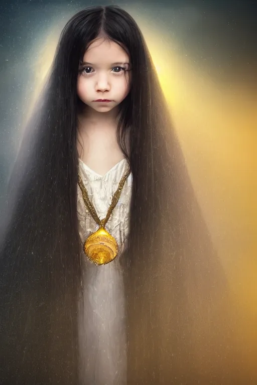 Image similar to a very young girl with long black hair and chequered!! robe!! is watching a storm inside a symmetrical fantasy crystal. atmospheric, eyes are shining, 4 k, highly detailed. surrounded by golden rays of light