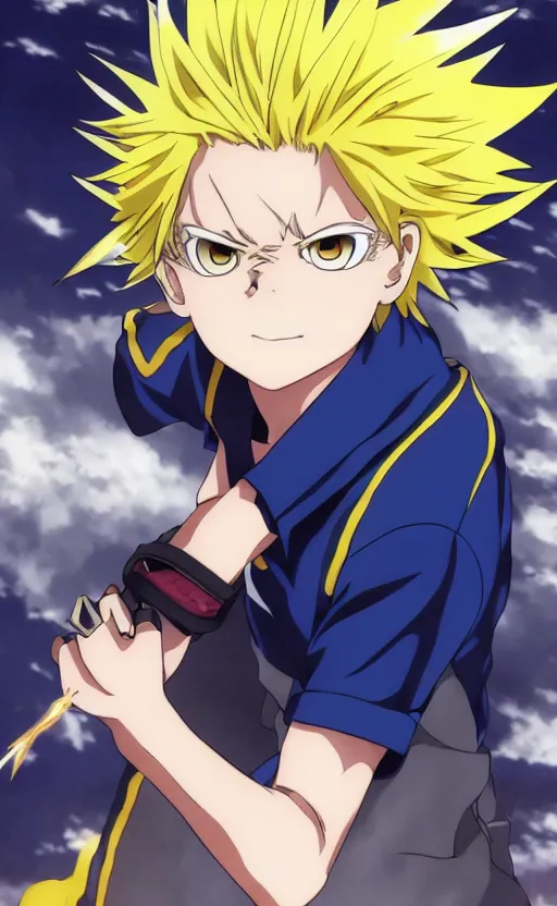 Prompt: Anime key visual of a young boy with spikey yellow hair and lightning powers, Illustrated by Kohei Horikoshi, high quality face, detailed eyes, big eyes, official media, 8k, anime, detailed, HD