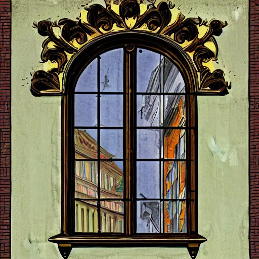 Image similar to digital illustration of a beautiful window open front view, aesthetic, achenbach, andreas, angelico, fra, bellotto, bernardo, ornate, russian style, colorful architectural drawing, behance contest winner, vintage frame window