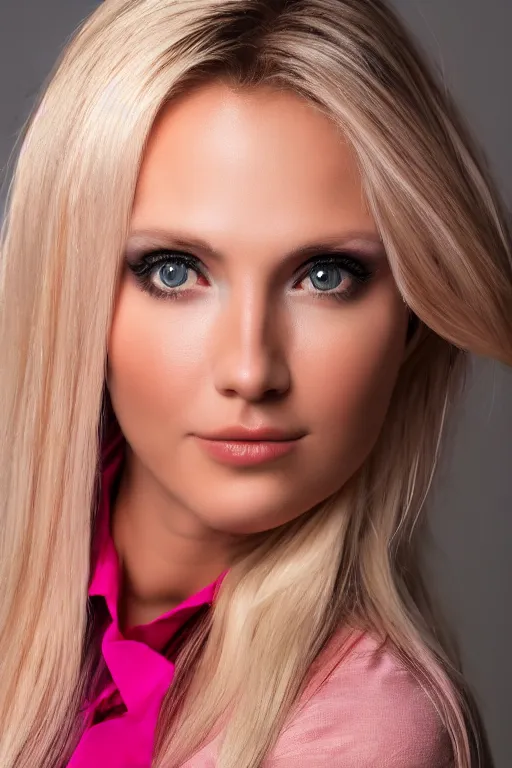 Prompt: 2 8 year old professional blonde female model wearing pink blouse, portrait, neck zoomed in, photo realistic, slr, studio lighting, golden hour, 4 k, high definition