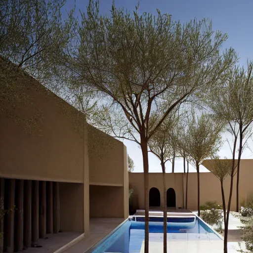 Prompt: brutalism hotel in the desert, biophilia mood, pool, garden, highly detailed, cinematic, photorealistic,