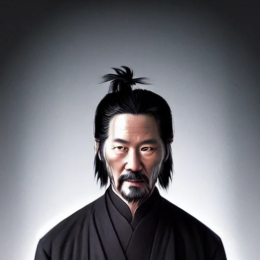 Image similar to portrait painting of a 6 0 year old kind handsome taoist priest ， looks like keanu reeves ， silver ponytail hair, amiable by yangjun chen, nadar, bright colors, octopath traveler, unreal engine 5 highly rendered, global illumination, radiant light, detailed and intricate environment