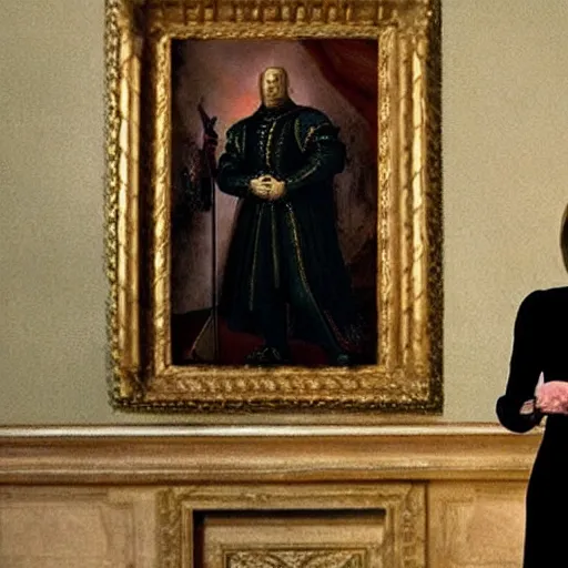Image similar to nancy pelosi standing in front of 1 6 th century backdrop in the painting of vigo the carpathian. she ominously stares. painting by lou police for ghostbusters 2.