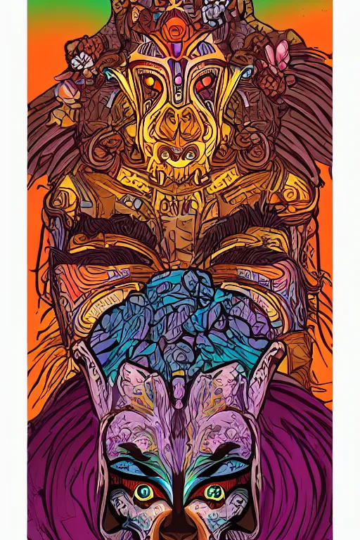 Image similar to animal mask totem roots flower tribal feather gemstone plant wood rock shaman vodoo video game vector cutout illustration vivid multicolor borderlands comics by josan gonzales and dan mumford radiating a glowing aura