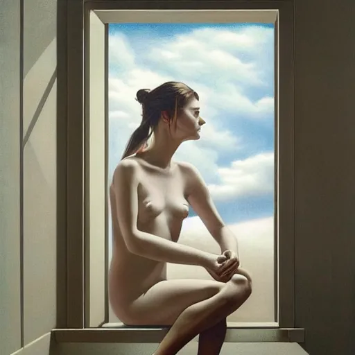 Image similar to natural, aesthetic by joel rea, by jeff wall, by josef capek. a experimental art of a beautiful young woman seated at a window, looking out at the viewer with a serene expression on her face. the light from the window illuminates her features & creates a warm, inviting atmosphere. the essence of beauty & tranquility.