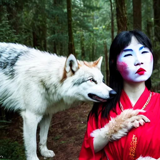 Prompt: Highly realistic photo of Princess Mononoke as a real person ((asian woman with red facepaint)) determined expression, standing next to a giant white wolf, in a forest, 85mm lens, f1.8, highly detailed